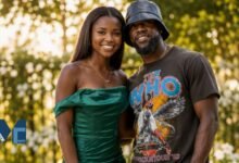 Heaven Hart smiling in an elegant green dress while posing outdoors with her father, comedian Kevin Hart.