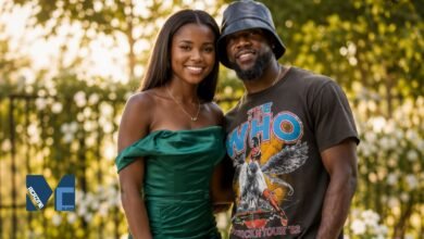 Heaven Hart smiling in an elegant green dress while posing outdoors with her father, comedian Kevin Hart.