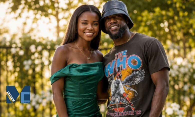 Heaven Hart smiling in an elegant green dress while posing outdoors with her father, comedian Kevin Hart.