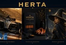 A three-part split image showing a black and gold F1 racing car, a box of Herta Frankfurters with sausages, and The Herta character from Honkai: Star Rail wearing a wizard hat.