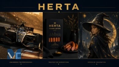A three-part split image showing a black and gold F1 racing car, a box of Herta Frankfurters with sausages, and The Herta character from Honkai: Star Rail wearing a wizard hat.