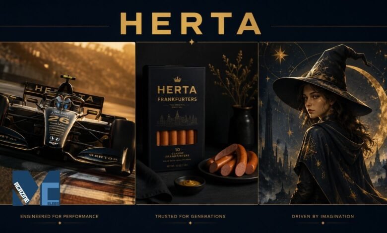 A three-part split image showing a black and gold F1 racing car, a box of Herta Frankfurters with sausages, and The Herta character from Honkai: Star Rail wearing a wizard hat.