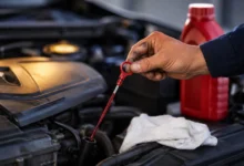 A close-up shot of a mechanic's hand pulling a red automatic transmission fluid dipstick from the tube under a car bonnet, displaying clear bright red fluid level markings. How to Check Transmission Fluid