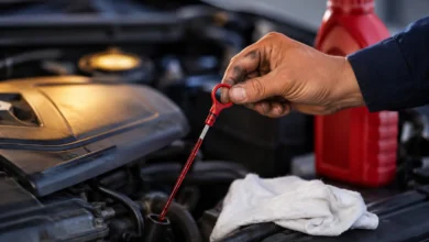 A close-up shot of a mechanic's hand pulling a red automatic transmission fluid dipstick from the tube under a car bonnet, displaying clear bright red fluid level markings. How to Check Transmission Fluid