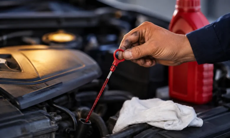 A close-up shot of a mechanic's hand pulling a red automatic transmission fluid dipstick from the tube under a car bonnet, displaying clear bright red fluid level markings. How to Check Transmission Fluid