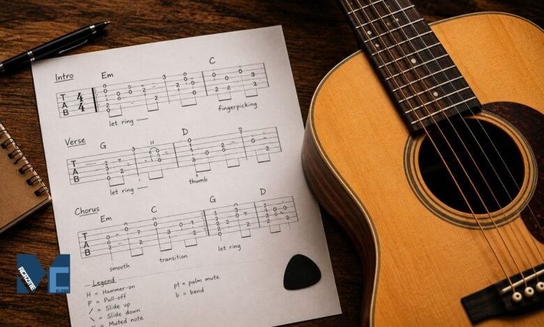 Printed guitar tablature sheet with handwritten notes beside an acoustic guitar on a wooden surface