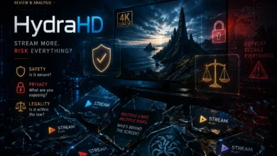 A technical review infographic for HydraHD streaming platform displaying warning icons for safety, privacy, legality, and broken glass fragments labeled with stream links.