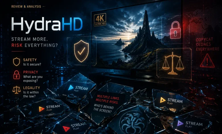 A technical review infographic for HydraHD streaming platform displaying warning icons for safety, privacy, legality, and broken glass fragments labeled with stream links.