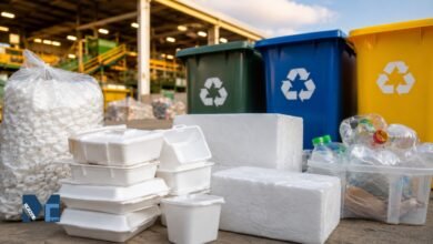 White Styrofoam food containers and foam packaging placed beside recycling bins at a modern recycling facility in the United States.