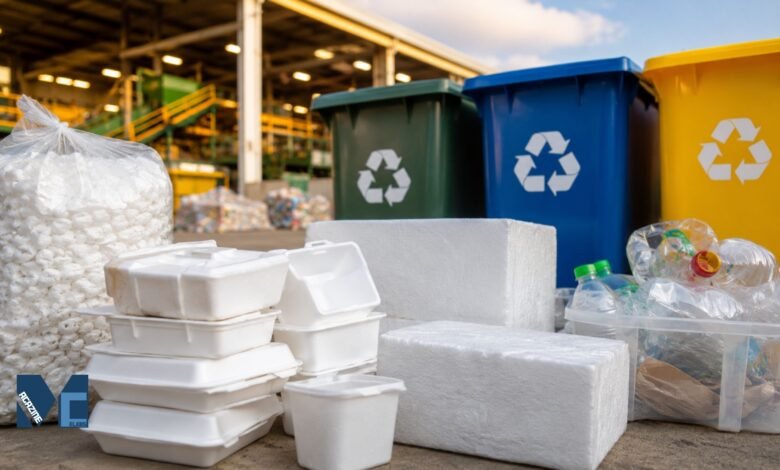 White Styrofoam food containers and foam packaging placed beside recycling bins at a modern recycling facility in the United States.