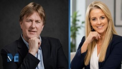 A split-screen portrait of British media professionals Nigel Rosser and Isabel Oakeshott, highlighting their professional backgrounds and past partnership.