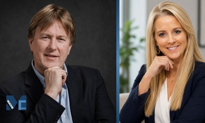 A split-screen portrait of British media professionals Nigel Rosser and Isabel Oakeshott, highlighting their professional backgrounds and past partnership.