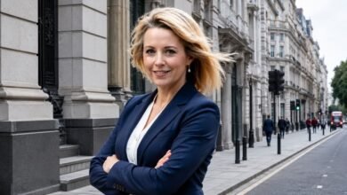 A professional portrait of British political journalist Isabel Oakeshott standing confidently on a London street with classic architecture in the background.