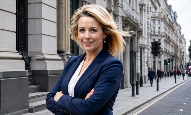 A professional portrait of British political journalist Isabel Oakeshott standing confidently on a London street with classic architecture in the background.