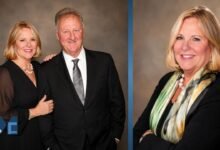 Janet Condra with Larry Bird in a formal portrait alongside an individual headshot of Janet Condra.