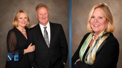 Janet Condra with Larry Bird in a formal portrait alongside an individual headshot of Janet Condra.