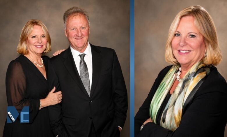 Janet Condra with Larry Bird in a formal portrait alongside an individual headshot of Janet Condra.