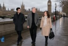 Jonjo Walsh walking with his parents Tommy Walsh and Marie Walsh along London's Westminster riverside promenade.