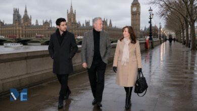Jonjo Walsh walking with his parents Tommy Walsh and Marie Walsh along London's Westminster riverside promenade.
