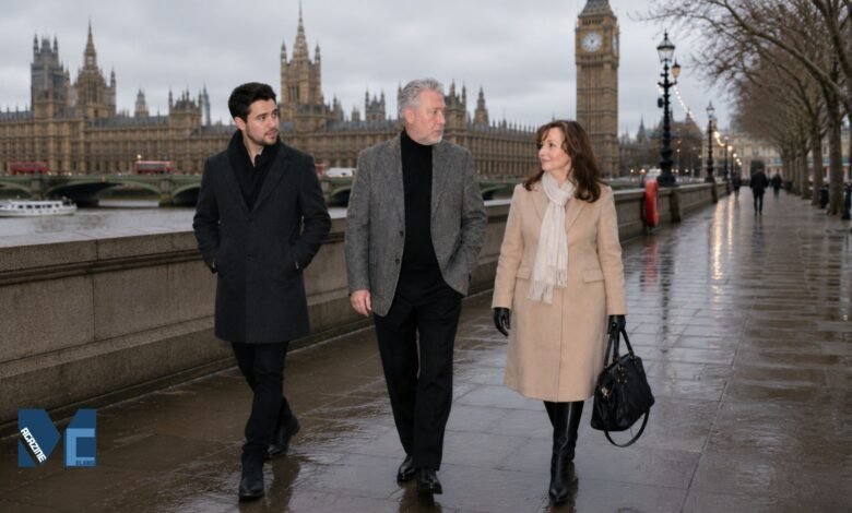 Jonjo Walsh walking with his parents Tommy Walsh and Marie Walsh along London's Westminster riverside promenade.
