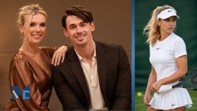 Katie Boulter portrait collage featuring an indoor lifestyle photo and professional tennis court action shot