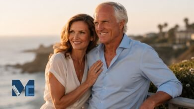 Kirsten Kutner standing next to her husband Greg Norman on a balcony overlooking the coast during sunset, featured on MagazineCelebs.
