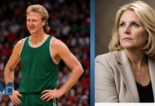 Larry Bird and his wife Dinah Mattingly featured in a biography-style collage with a vintage basketball portrait and a professional studio portrait.