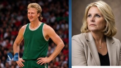 Larry Bird and his wife Dinah Mattingly featured in a biography-style collage with a vintage basketball portrait and a professional studio portrait.