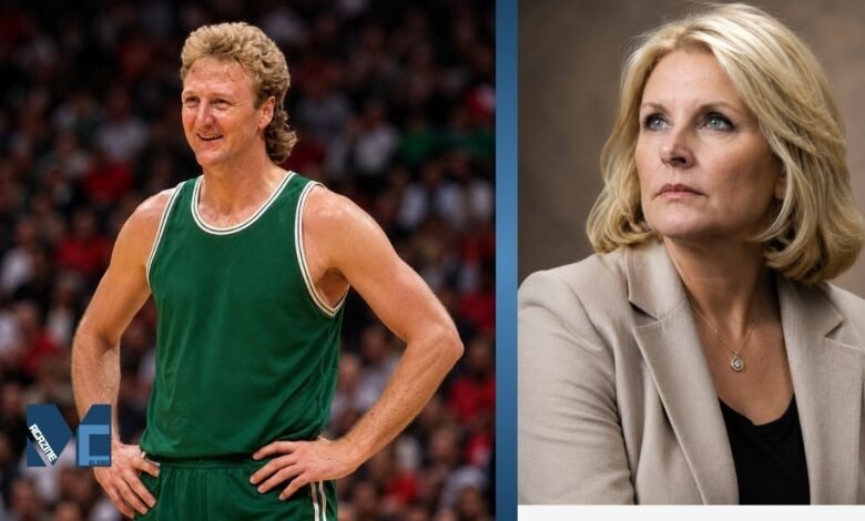 Larry Bird and his wife Dinah Mattingly featured in a biography-style collage with a vintage basketball portrait and a professional studio portrait.