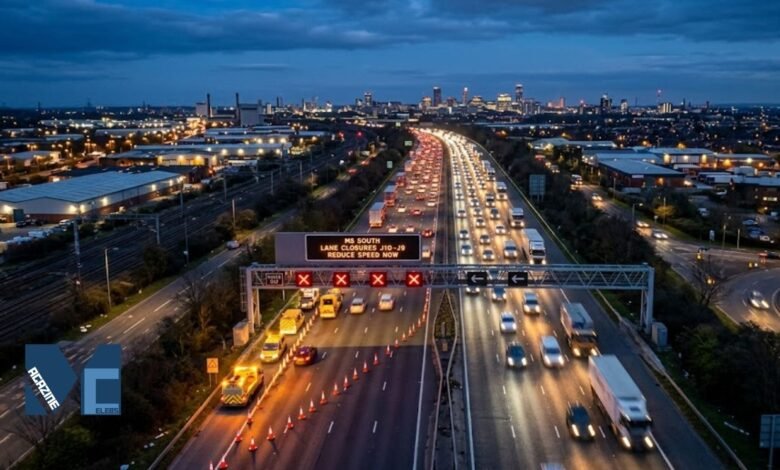 Heavy traffic on the M6 motorway between Walsall and Birmingham due to lane closures and ongoing resurfacing roadworks.