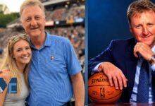 Mariah Bird smiling warmly while posing alongside her father, NBA legend Larry Bird.