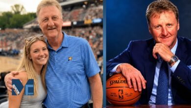 Mariah Bird smiling warmly while posing alongside her father, NBA legend Larry Bird.