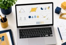 Laptop displaying Mathsbot GCSE maths worksheet generator with geometry questions and revision exercises.