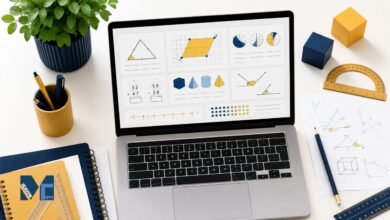 Laptop displaying Mathsbot GCSE maths worksheet generator with geometry questions and revision exercises.