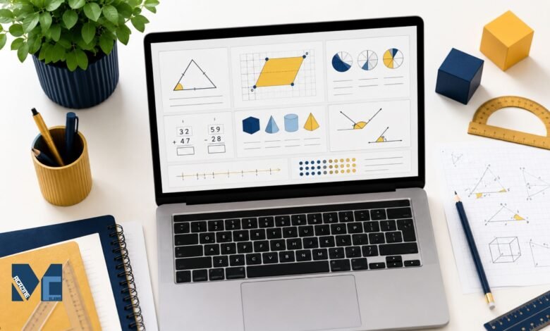 Laptop displaying Mathsbot GCSE maths worksheet generator with geometry questions and revision exercises.