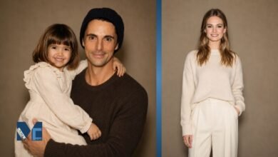 Matilda Eve Goode posing with her father Matthew Goode in a studio-style portrait collage