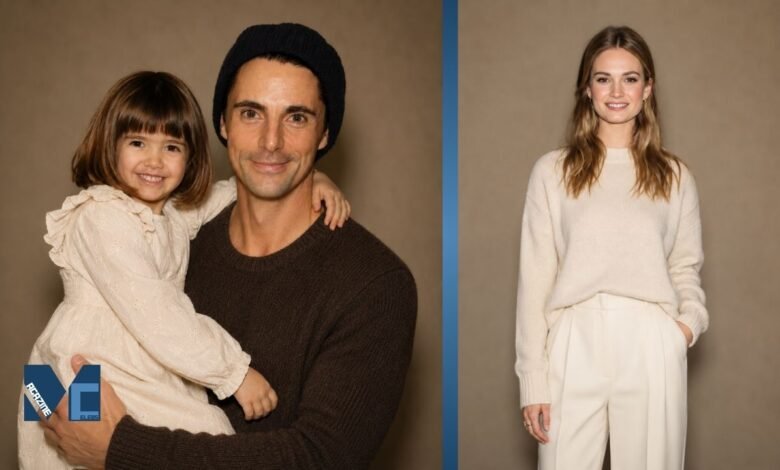 Matilda Eve Goode posing with her father Matthew Goode in a studio-style portrait collage
