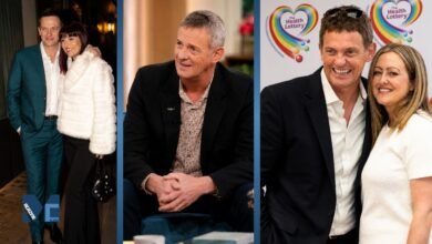 A collage of British broadcaster Matthew Wright featuring his television appearances and red carpet moments with his wife, Amelia Gatte.
