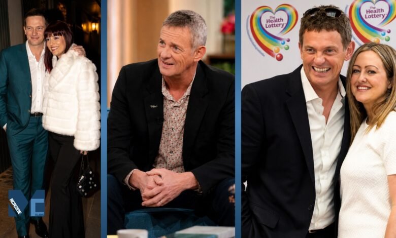 A collage of British broadcaster Matthew Wright featuring his television appearances and red carpet moments with his wife, Amelia Gatte.