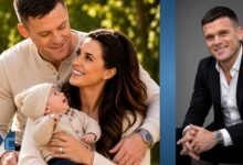 Michael O'Neill with Danielle Lloyd and their child alongside a professional portrait of the Birmingham-based electrician.