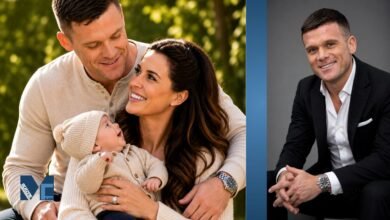 Michael O'Neill with Danielle Lloyd and their child alongside a professional portrait of the Birmingham-based electrician.
