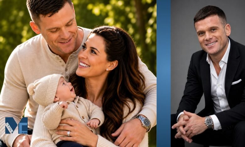 Michael O'Neill with Danielle Lloyd and their child alongside a professional portrait of the Birmingham-based electrician.