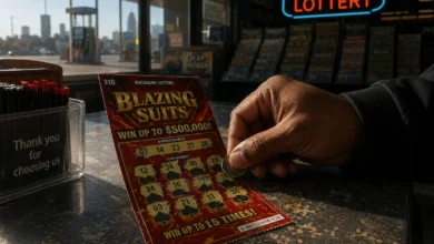 A close-up of a Michigan Lottery "Blazing Suits" scratch-off ticket, similar to the one that turned a Wayne County man into a $1 million lottery winner.