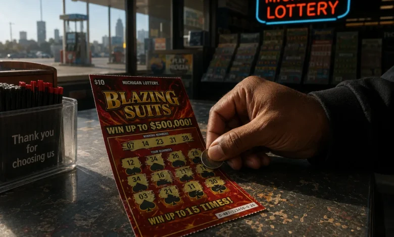 A close-up of a Michigan Lottery "Blazing Suits" scratch-off ticket, similar to the one that turned a Wayne County man into a $1 million lottery winner.