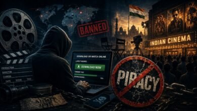 Hooded hacker using a laptop to download pirated movies with anti-piracy symbols, Indian cinema posters, and film industry elements in the background.