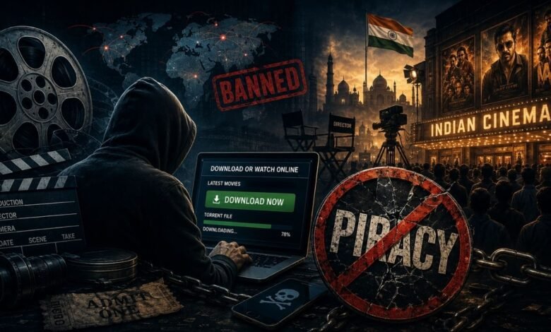 Hooded hacker using a laptop to download pirated movies with anti-piracy symbols, Indian cinema posters, and film industry elements in the background.