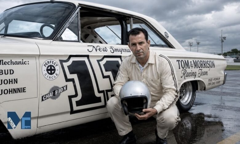 Ned Jarrett posing beside his iconic NASCAR race car number 11 while holding a racing helmet on a cloudy race day.
