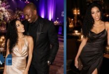 A split photo showing Norma Gibson smiling with her ex-husband Tyrese Gibson at a formal gala on the left, and posing elegantly in a black evening dress on the right.