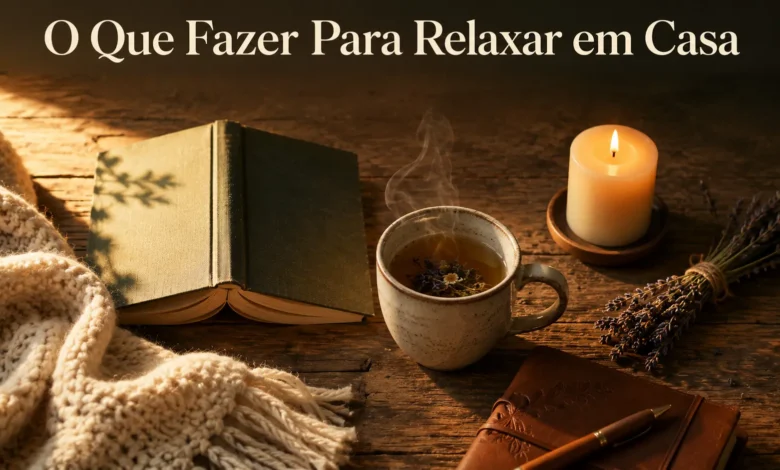 An aesthetic flat-lay of home relaxation items on a bed including an open journal with pen, a warm mug of coffee, a burning candle, and a green plant under soft warm lighting.