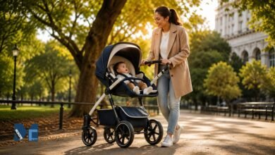 Parent pushing a navy and cream baby stroller with a child in a parent-facing seat along a sunlit tree-lined park pathway during golden hour.